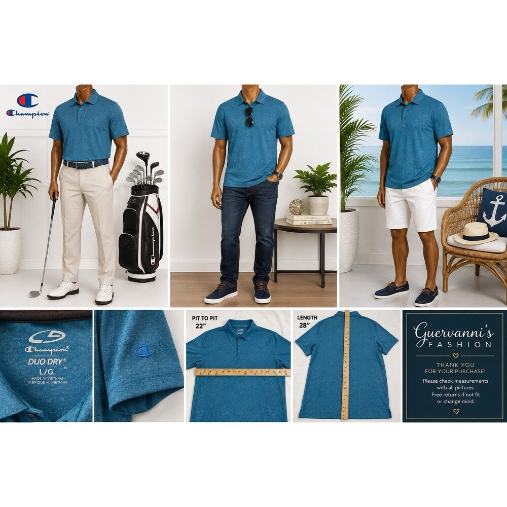 Champion Mens Short Sleeve Polo Shirt Blue  Teal Golf Casual Size L Athletic